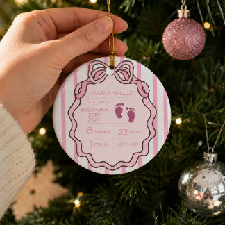 Cute Pink Bow Baby Birth Stats Ceramic Ornament