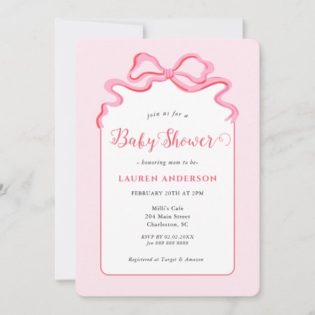 Cute Pink Bow Baby girl Baby Shower  Invitation (Front)