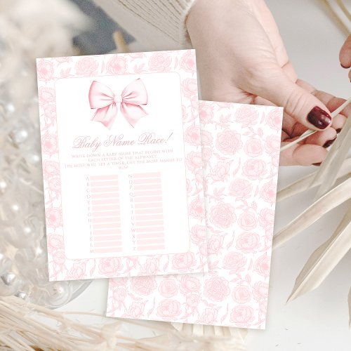 Cute Pink Bow Baby Girl Shower Name Race Game Card