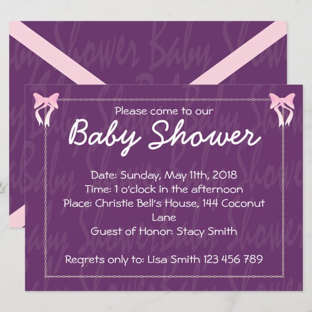 Cute Pink Bow Baby Girl Shower Purple Invitation (Front/Back)