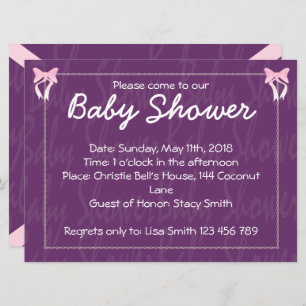 Cute Pink Bow Baby Girl Shower Purple Invitation