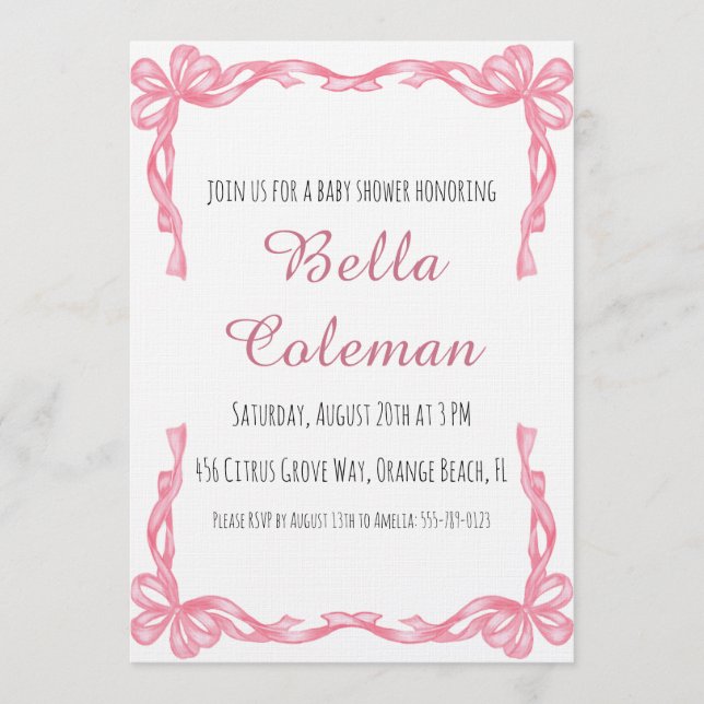 cute pink bow baby shower invitation (Front)
