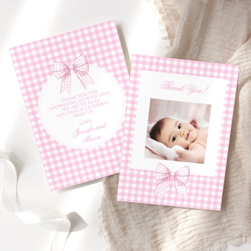 Cute pink bow baby shower photo thank you cards