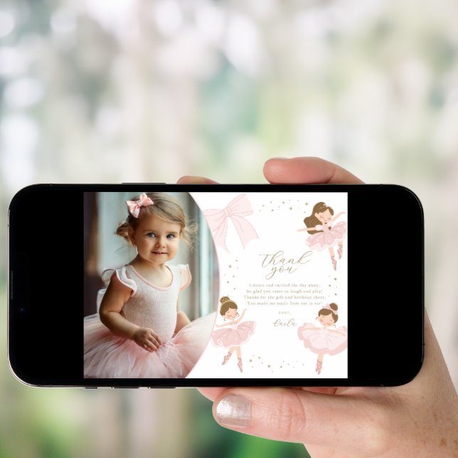 Cute Pink Bow Ballerina Birthday Thank You Card (Front Digital)