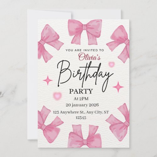 Cute Pink Bow Birthday Invitation Template