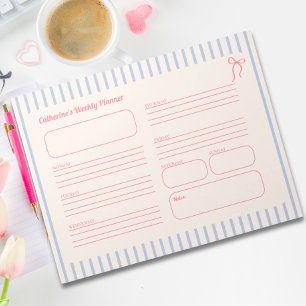 Cute Pink Bow Blue Striped Weekly Planner Notepad