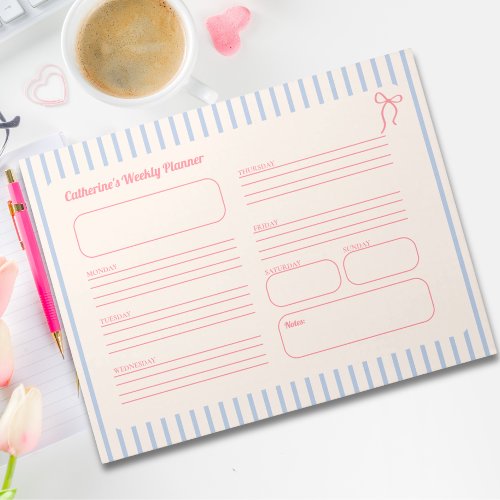 Cute Pink Bow Blue Striped Weekly Planner Notepad