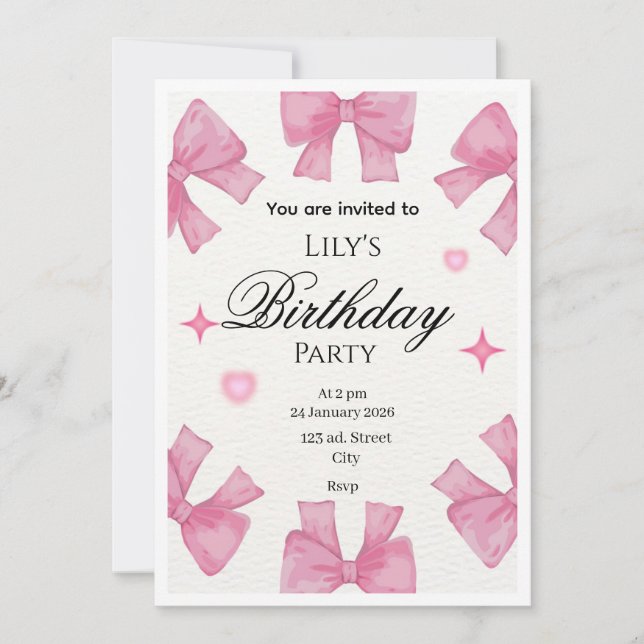 Cute Pink Bow Border Greeting Card l invitation  (Front)