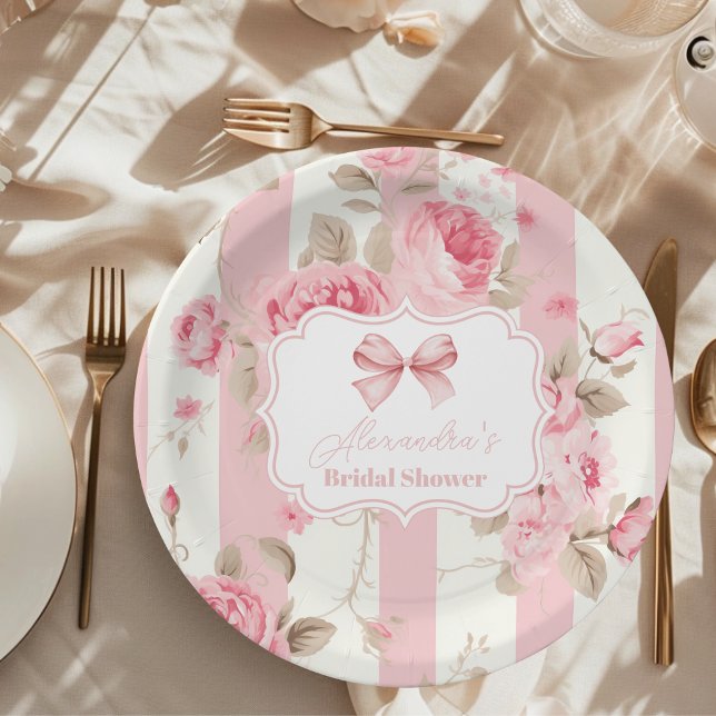 Cute Pink Bow Bridal Shower Paper Plates (Creator Uploaded)