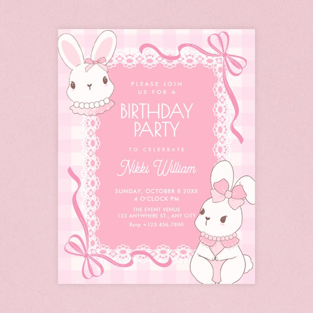 Cute pink bow bunny birthday invitation (Creator Uploaded)