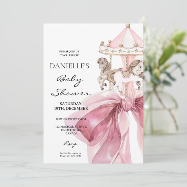Cute Pink Bow ⎮Carousel Girl Baby Shower Invitation (Standing Front)