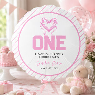 Cute Pink Bow Coquette 1st Birthday Balloon