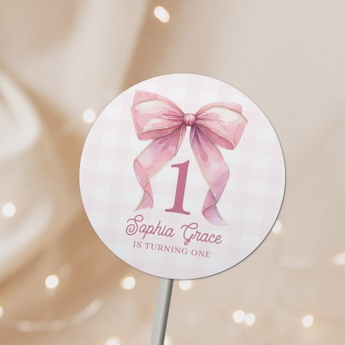 Cute Pink Bow Coquette 1st Birthday Classic Round Sticker