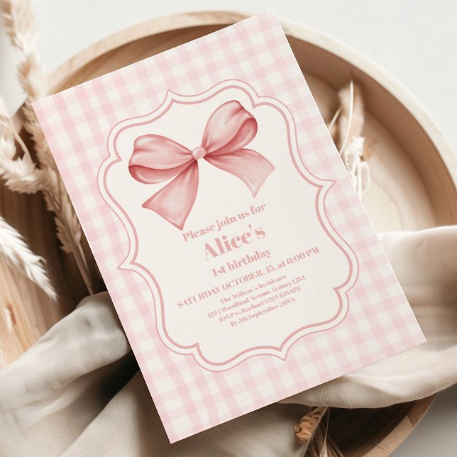 Cute Pink Bow Coquette 1st Birthday Invitation (Creator Uploaded)