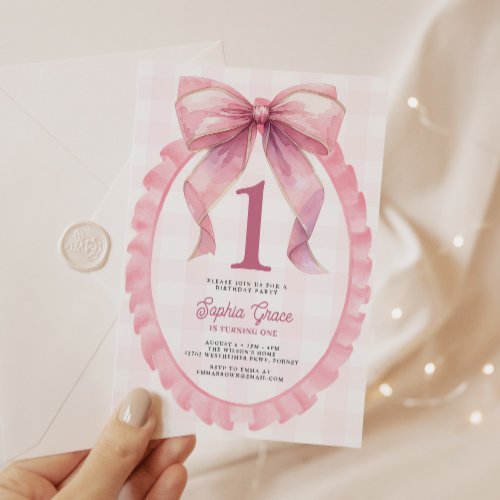 Cute Pink Bow Coquette 1st Birthday Invitation