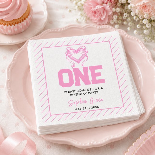 Cute Pink Bow Coquette 1st Birthday Napkins (Cute Pink Bow Coquette 1st Birthday Napkins)