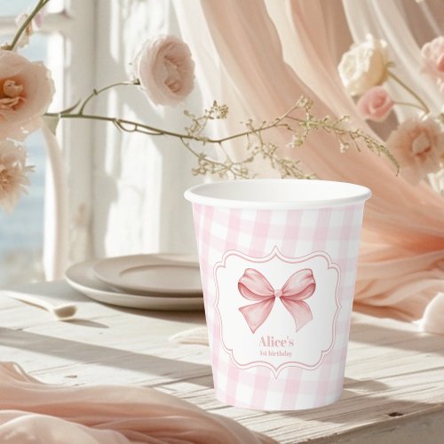 Cute Pink Bow Coquette 1st Birthday Paper Cups