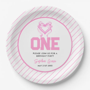 Cute Pink Bow Coquette 1st Birthday Paper Plates