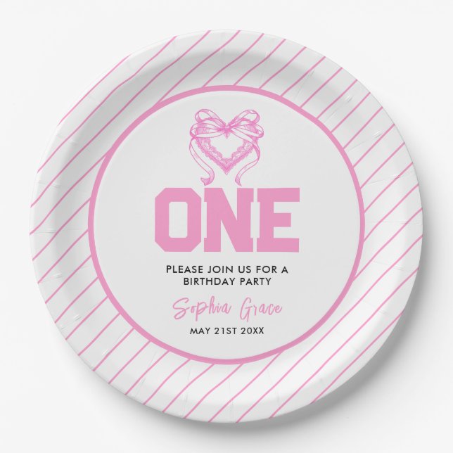 Cute Pink Bow Coquette 1st Birthday Paper Plates (Front)