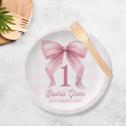 Cute Pink Bow Coquette 1st Birthday Paper Plates