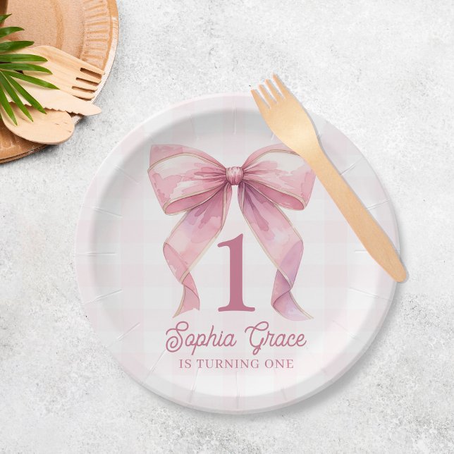 Cute Pink Bow Coquette 1st Birthday Paper Plates (Creator Uploaded)