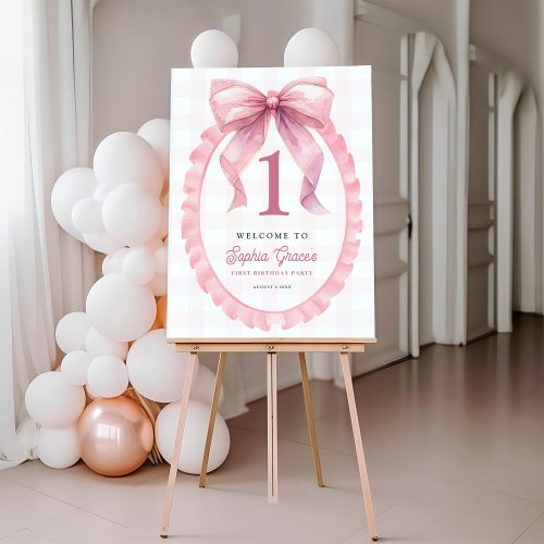 Cute Pink Bow Coquette 1st Birthday Welcome Sign