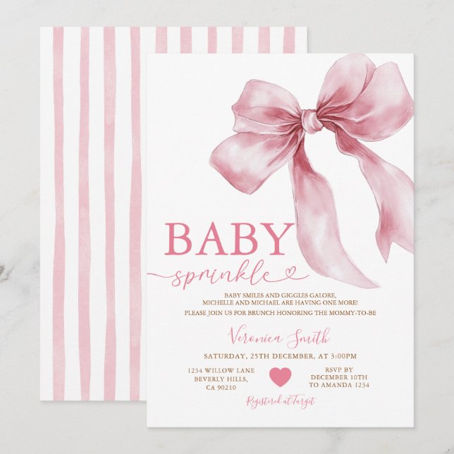 Cute Pink Bow Coquette Baby Sprinkle Baby Shower Invitation (Front/Back)