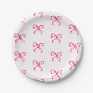 Cute Pink Bow Coquette Pattern Baby Shower Paper Plates