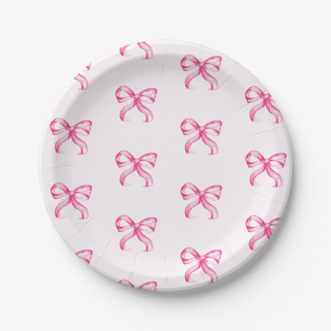 Cute Pink Bow Coquette Pattern Baby Shower Paper Plates (Front)