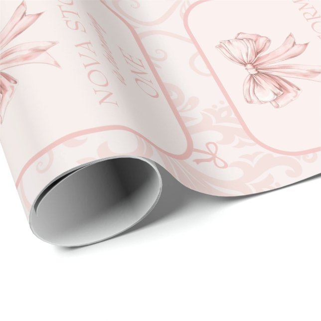 Cute Pink Bow Coquette Toile Personalized Birthday Wrapping Paper (Roll Corner)