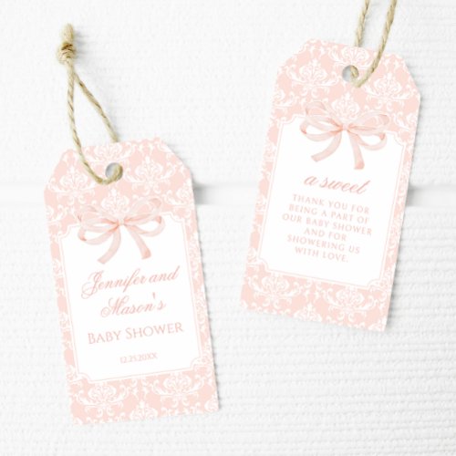 Cute pink bow damask baby girl shower thank you gift tags