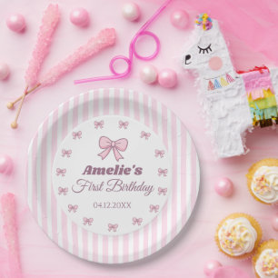 Cute Pink Bow First Birthday Paper Plates