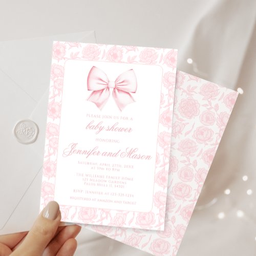 Cute pink bow floral baby girl shower invitation