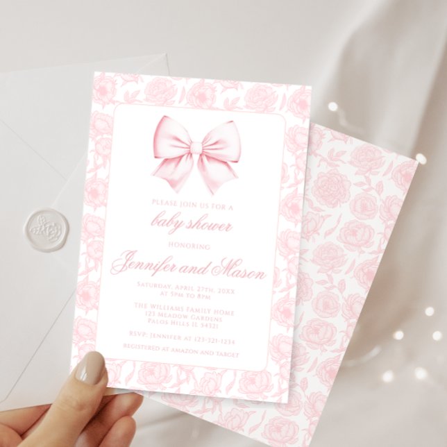 Cute pink bow floral baby girl shower invitation (Creator Uploaded)