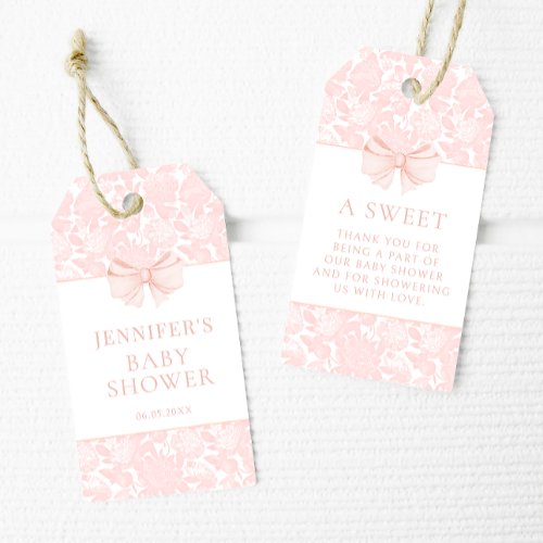 Cute pink bow floral baby girl shower thank you gift tags