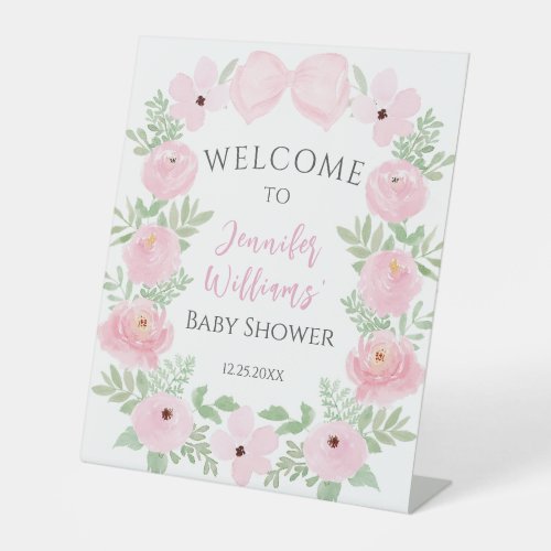 Cute pink bow floral baby girl shower welcome sign