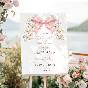 Cute Pink Bow Floral Baby Girl Shower Welcome Sign