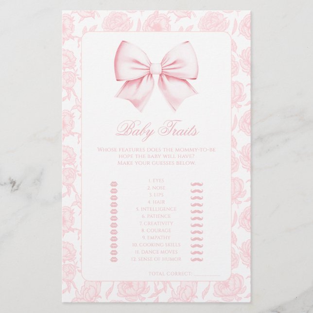 Cute Pink Bow Floral Baby Traits Shower Games (Front)