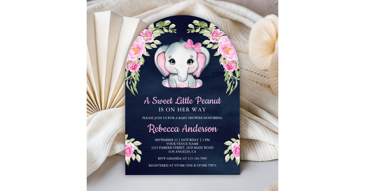 Cute Pink Bow Floral Elephant Navy Baby Shower Invitation | Zazzle
