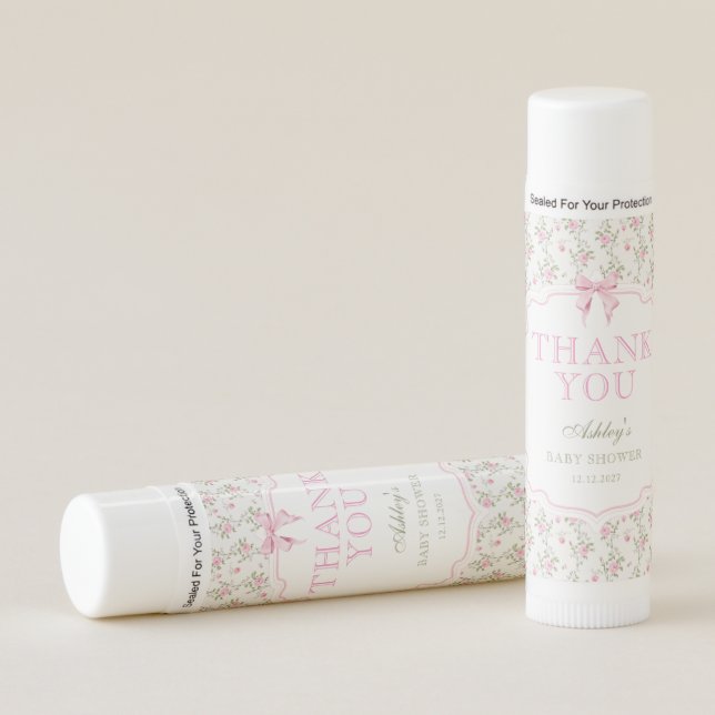 Cute Pink Bow Floral Girl Baby Shower Thank You Lip Balm (Front)