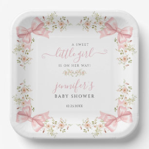 Cute Pink Bow Floral Sweet Baby Shower Paper Plates