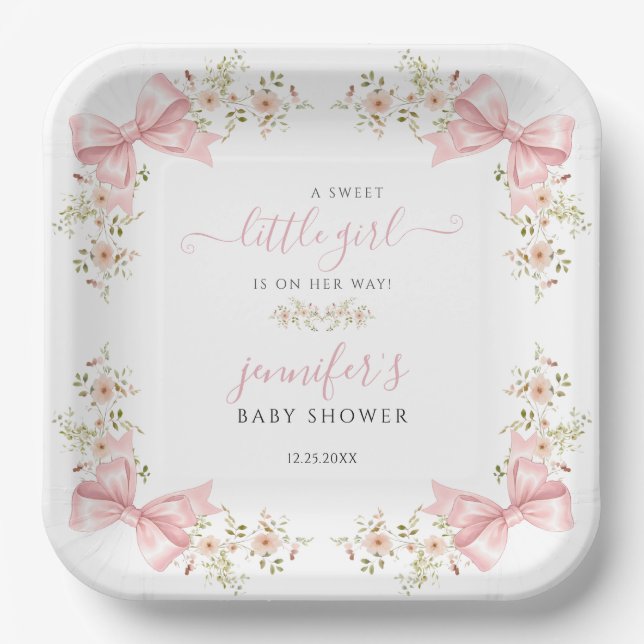 Cute Pink Bow Floral Sweet Baby Shower Paper Plates (Front)
