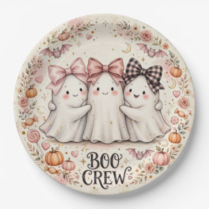 Cute Pink Bow Ghost BOO CREW Halloween Party Paper Plates