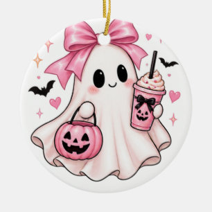 Cute Pink Bow Ghost Halloween Ceramic Ornament