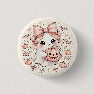 Cute Pink Bow Ghost Halloween Pumpkin Party ] Button