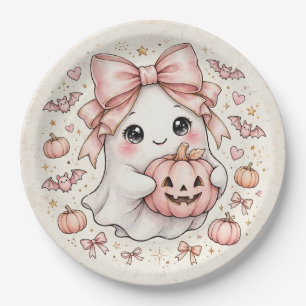 Cute Pink Bow Ghost Halloween Pumpkin Party ] Paper Plates