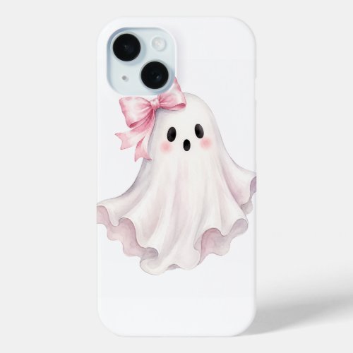 Cute Pink Bow Ghost Halloween Sticker iPhone 15 Case
