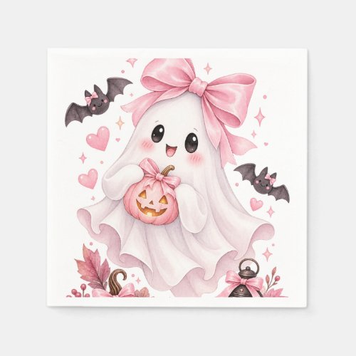 Cute Pink Bow Ghost Halloween Sticker Napkins