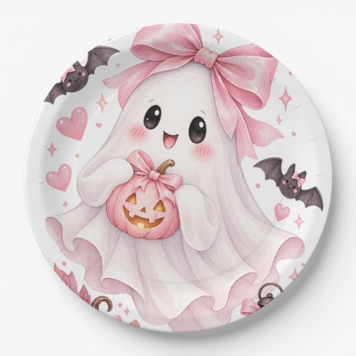 Cute Pink Bow Ghost Halloween Sticker Paper Plates