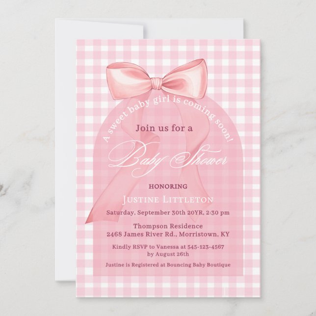 Cute Pink Bow Gingham Arch Script Girl Baby Shower Invitation (Front)